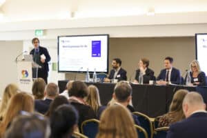 Robert Peston founder of Speakers for Schools introducing new Work Experience For All Campaign at conference.