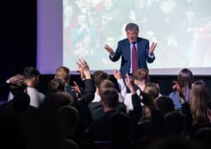 David Dean MBE, talks to students at Cheadle Hulme High School in Cheadle.